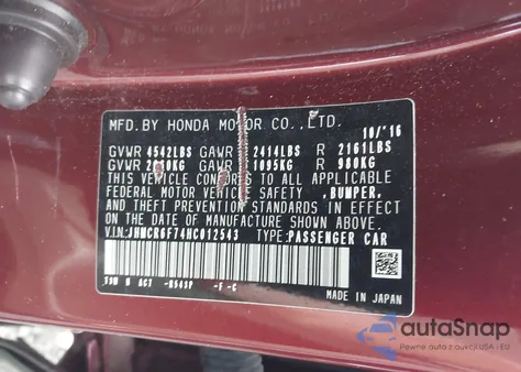 2017 Honda Accord Hybrid Touring from USA, damaged, VIN JHMCR6F74HC012543